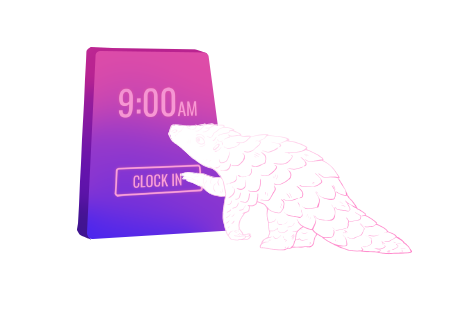 A pangolin presses the 'Clock In' button on a large colorful screen