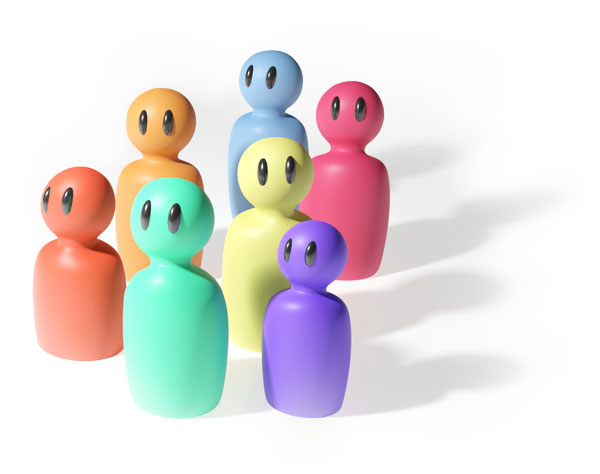 A group of cute stylized people, each in different colors
