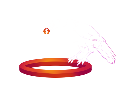 A crow deposits a colorful coin into an equally colorful hoop