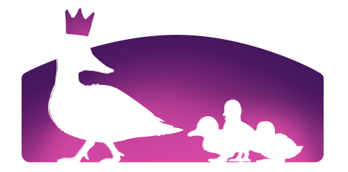 A crown-wearing duck supervises a group of its ducklings