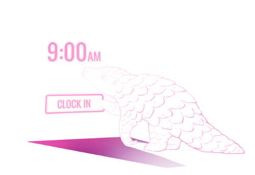 A pangolin presses a 'clock in' button on a large glowing screen