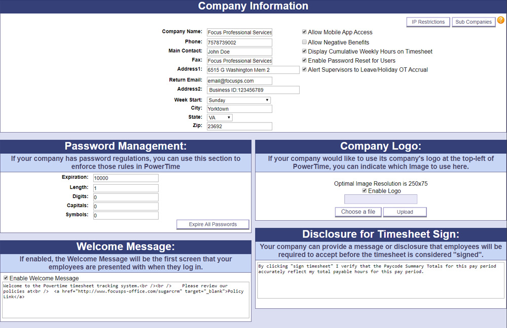 A screenshot of PowerTime's Company Information page, where admins can use the many settings to configure their company in PowerTime to their liking