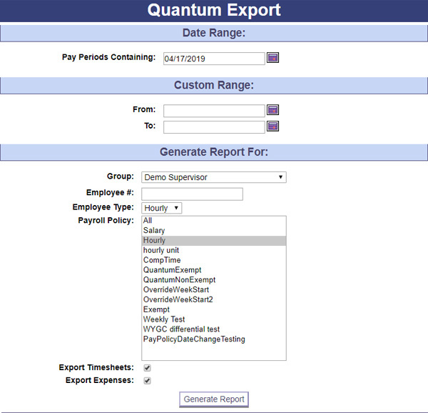 A screenshot of a sample Export Page in PowerTime, setting up a process that will send data from PowerTime to Quantum