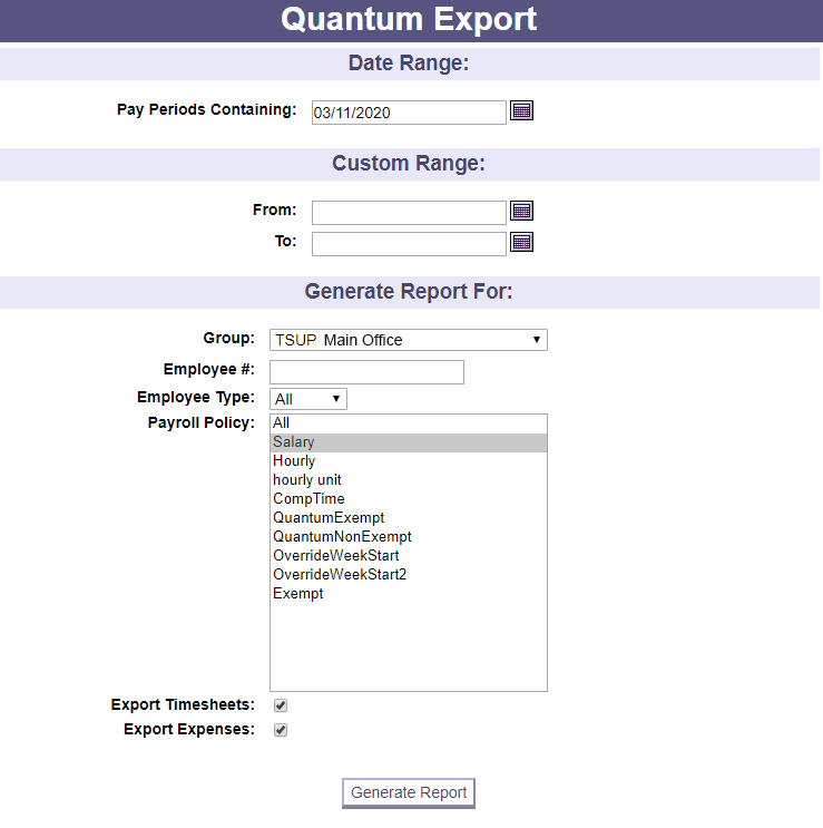 A screenshot of one of PowerTime's export options, where users select the data they would like to export