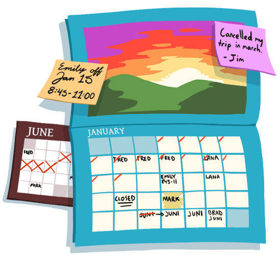 A stylized image of a cluttered calendar with sticky notes