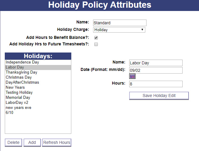 A screenshot of PowerTime's Holiday Policy options screen, showing an employee editing the holiday settings for Labor Day