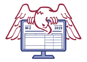 A stylized image of a bald eagle perching on a PC display showing a W-2 tax form