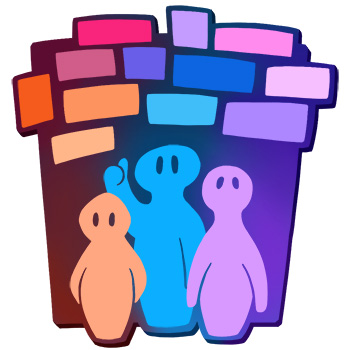 Stylized image of three people looking at a mosaic of colored rectangles