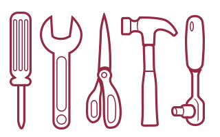 Stylized outlines of a variety of tools: A screwdriver, wrench, scissors, hammer, and socket wrench