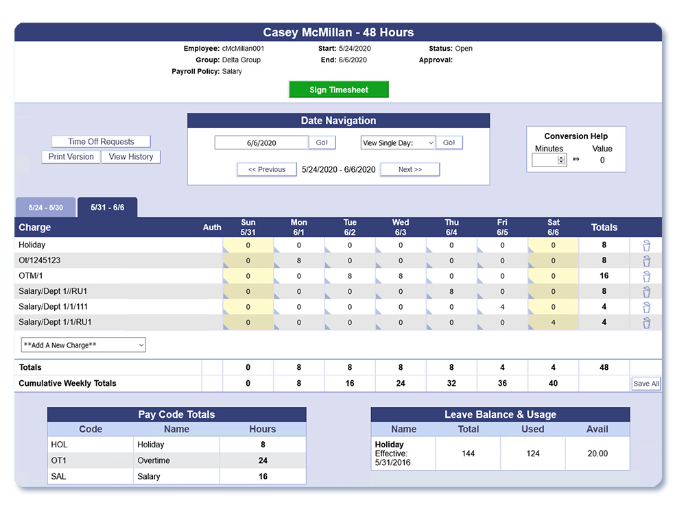 Screenshot of PowerTime timesheet