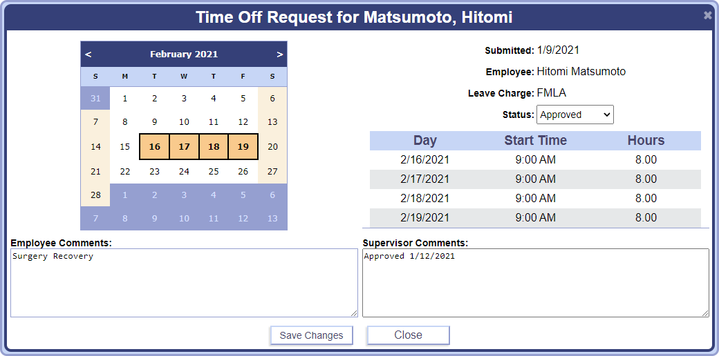A screenshot of an employee's Time Off request in PowerTime, showing the selected days on a small calendar, comments, number of hours requested, and more