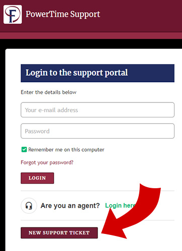 A screenshot pointing to the button users should click on in our support portal to get help with PowerTime