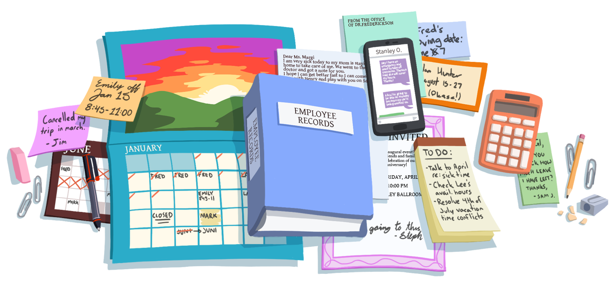 A stylized image of a messy pile of calendars, binders, notes, calculators, pencils, and more